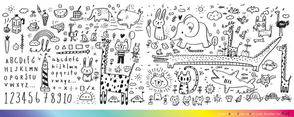 Obraz premium Collection of hand drawn cute doodles,Doodle children drawing,Sketch set of drawings in child style,Funny Doodle Hand Drawn,Page for coloring, cute animal hand drawn, cute Doodle