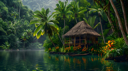 A tropical island with a small hut and a boat on the water