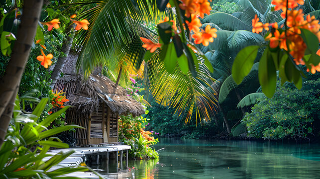 A tropical island with a small hut and a boat on the water