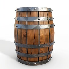 Fototapeta premium 3D Render of a wooden barrel with metal bands, on isolated white background, Generative AI