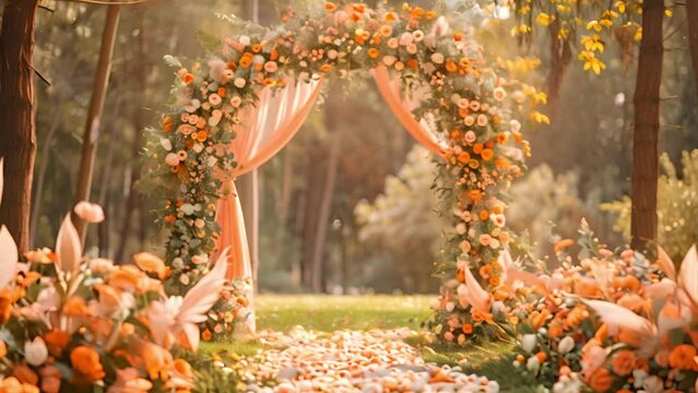 A beautiful floral archway adorned with orange and white flowers creates a stunning backdrop for a wedding ceremony held in a forest setting.
