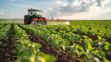 tractor spraying pesticide at agriculture field