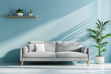 Delve into the cozy comfort of Scandinavian-inspired decor with a grey sofa standing against a calming blue wall adorned with a shelf, creating a serene retreat in a modern living space.