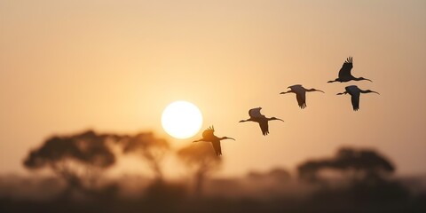 Obraz premium Ibises with unique characteristics migrate over a savannah filled with acacia trees. Concept Ibises, Savannah Wildlife, Migratory Birds, Acacia Trees, Unique Characteristics