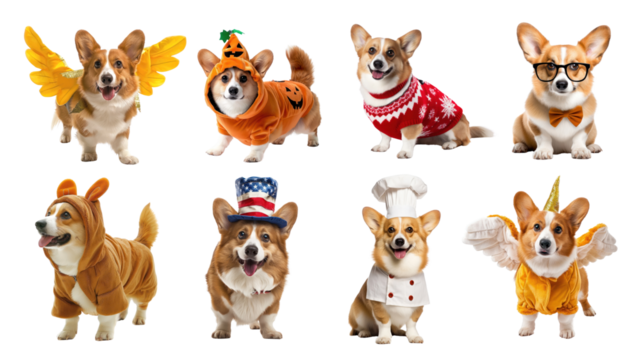 Corgi in costume png element set, transparent background