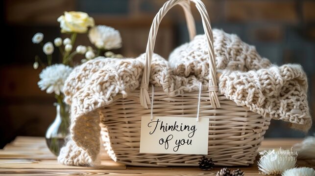Elegant sympathy gift basket with a plush blanket and thoughtful "Thinking of you" note, resting on a wooden table.