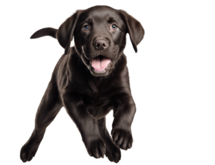 Playful black Labrador retriever puppy joyfully jumping isolate on transparent background, cutout, png