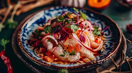 Vibrant Coastal Delight:Tangy Ceviche with Marinated Seafood and Crisp Vegetables