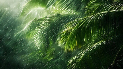 A lush green forest with palm trees and rain falling