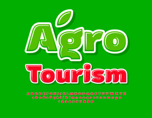 Vector advertising logo Agro Tourism. Stylish Red Font. Modern set of Bright Alphabet Letters and Numbers.