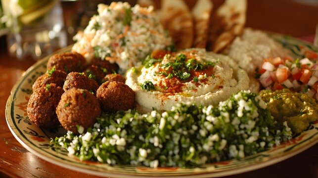 Bountiful Middle Eastern Mezze Platter with Hummus,Falafel and Tabbouleh