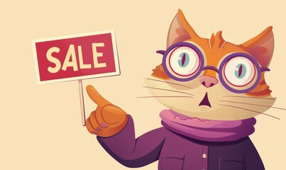 Illustration of a cat wearing glasses and a coat, holding a sale sign. Perfect for promotions, advertisement, and marketing materials.