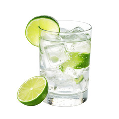 Gin tonic with sliced lime and ice in glass isolated on transparent white background, clipping path
