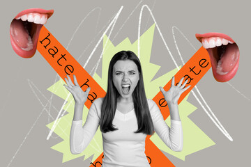 Creative poster collage of stressed young female mouth shout haters criticize unusual fantasy...