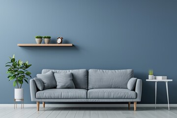 Explore the harmony of colors and textures with a grey sofa adding warmth to a modern living room against a blue wall featuring a shelf, embodying the essence of Scandinavian design.