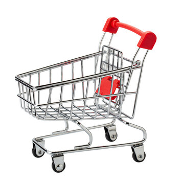 Mini model of red shopping cart in supermarket trolley isolated on a transparent background