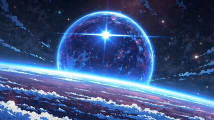 Surreal landscape with floating planets and swirling clouds. A blue planet with a glowing star at its center