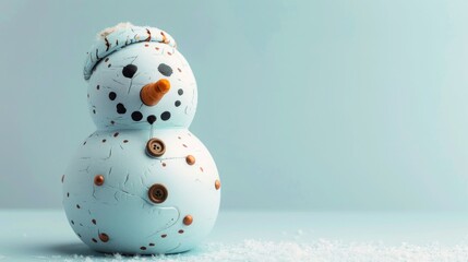 A playful snowman ornament with a carrot nose and coal buttons, isolated on a pale blue background.