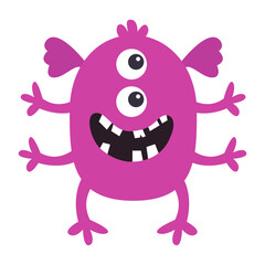 Cute purple monster standing. Happy Halloween. Monsters silhouette icon. Eyes, smiling face, many hands. Cartoon kawaii funny character. Childish style. Flat design. Isolated. White background Vector