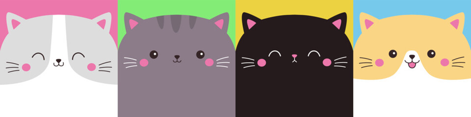 Cat icon set line. Black, white, gray, orange kitten. Cute cartoon character. Kawaii animal. Funny face head. Different emotion. Sad happy angry. Love card. Flat design. Colorful background. Vector