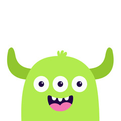Cute monster scary smiling face head icon. Happy Halloween. Three eyes, fang tooth, horns. Green silhouette. Cartoon boo spooky kawaii funny baby character. Flat design. White background. Vector