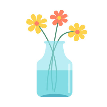 recommend clip art: Yellow pink flowers collection. Transparent glass vases with blue water. Flower in vase. Daisy, gerbera. Cute colorful icon collection. Ceramic Pottery decoration. White background. Flat design Vector