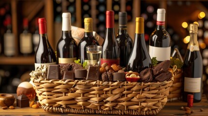 A gourmet gift basket with a selection of fine wines, chocolates, and nuts, presented on a wooden coffee table.