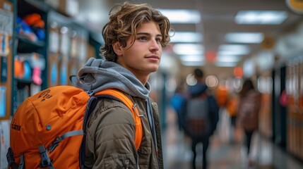 Teenager in School Hallway with Backpack - Generative AI