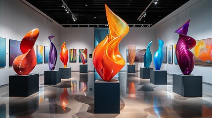 Modern art exhibition with expositions of futuristic abstract sculpture in fine art gallery museum