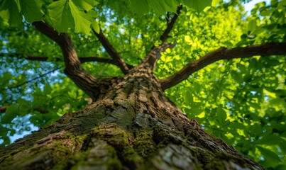 A serene view looking up from below to a graceful tree with deep green leaves reflecting the essence of green nature.