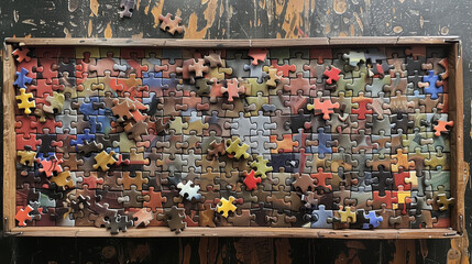 Incomplete Puzzle Pieces on Wooden Surface. The pieces are part of an incomplete puzzle, highlighting the concept of fitting pieces together to form a whole.