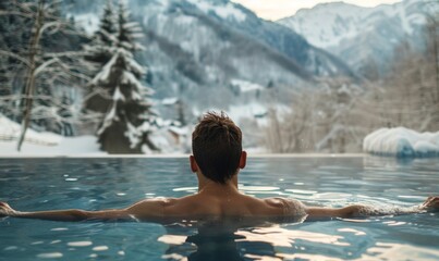 Fototapeta premium A man is swimming and relaxing in an outdoor pool.