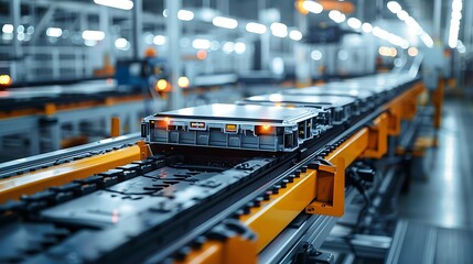 Mass production assembly line of electric car battery cells in a busy factory