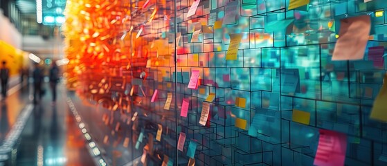 Obraz premium A glass wall covered with multi-colored sticky notes, symbolizing brainstorming and project planning in a modern office environment