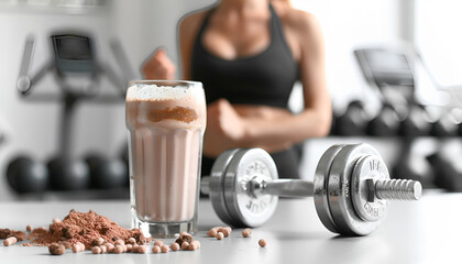 Naklejka premium Composition with metal dumbbell, protein shake and blurred woman on background