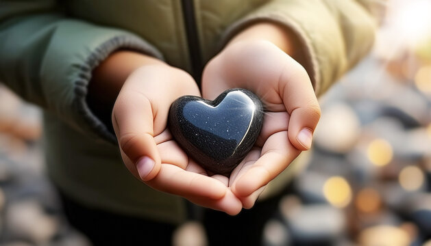 Extreme close-up of the hands cupped of a child holding a heart shaped black pebble with copy space. Concept for faith, love, spirituality and religion. Generative Ai.