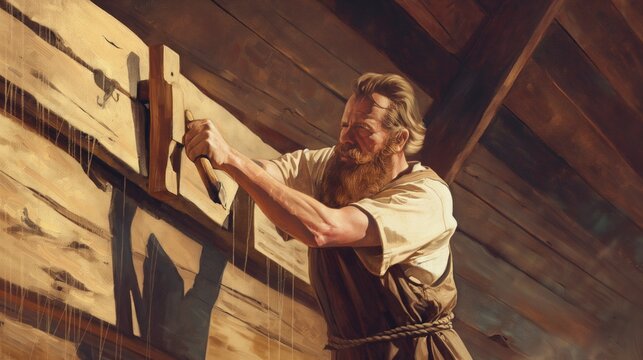 Noah hammering a plank onto the ark with hand tools. Carpentry, craftsmanship, woodworking, traditional skills, manual labor, historical reenactment.
