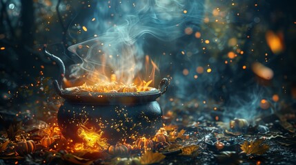 Halloween Cauldron with Flames and Smoke in a Dark Forest