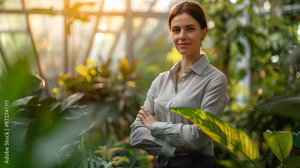 Poster A woman is standing in a greenhouse with a green plant in front of her