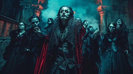 Fototapeta premium A Group of Costumed Figures in a Dark, Atmospheric Setting