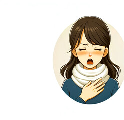 Vector illustration of young woman having allergic reaction coughing and sneezing on white background with copy space
