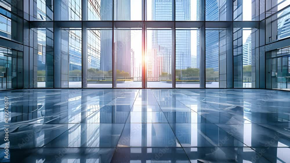 Poster A large, empty lobby with floor-to-ceiling windows showcasing a cityscape. Sunlight streams in through the glass, reflecting on the polished floor.
