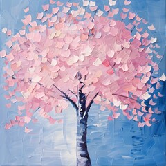 Vibrant Oil Painting of a Blooming Cherry Blossom Tree with Soft Pink Petals Against a Blue Sky