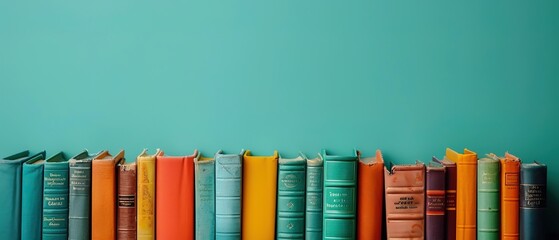 Naklejka premium Background with copy space and a row of colorful hardcover books against a teal backdrop