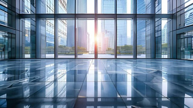 A large, empty lobby with floor-to-ceiling windows showcasing a cityscape. Sunlight streams in through the glass, reflecting on the polished floor.