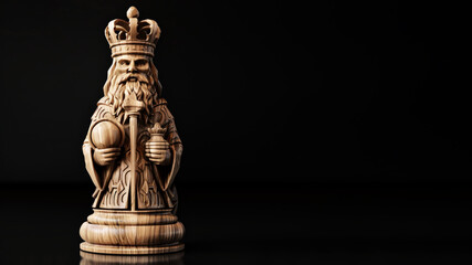 Majestic Wooden King Chess Piece on Black Background - Symbolizing Leadership and Strategy - Generative AI