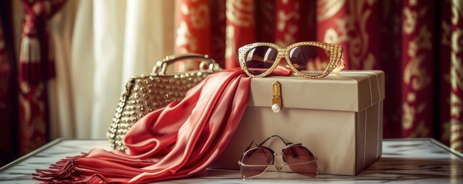 A chic fashion gift box with a silk scarf, a pair of sunglasses, and a stylish handbag, arranged on a dressing table.