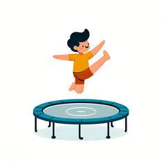 Vector illustration of little boy jumping happily on trampoline on white background.