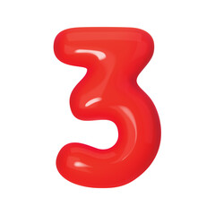 3D red number 3 isolated on white background. Three-dimensional Vector illustration digit three for holidays birthdays and discounts. Bright and realistic design, perfect for greetings and festivities