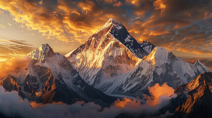 A majestic mountain peak towering above the clouds, bathed in golden sunlight with a soft mist rising from its base